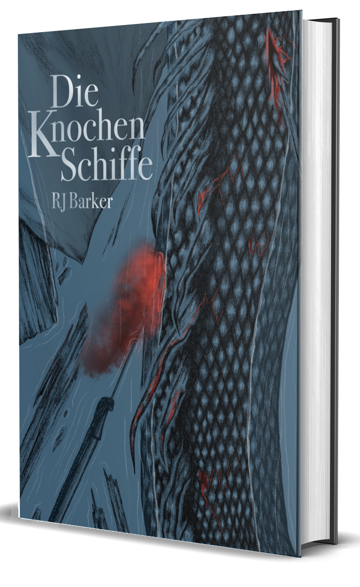 Buchmockup mit einem illustrierten Cover für "Die Knochenschiffe" von RJ Barker. Ein Drache wird im Wasser von einer Harpune getroffen. 