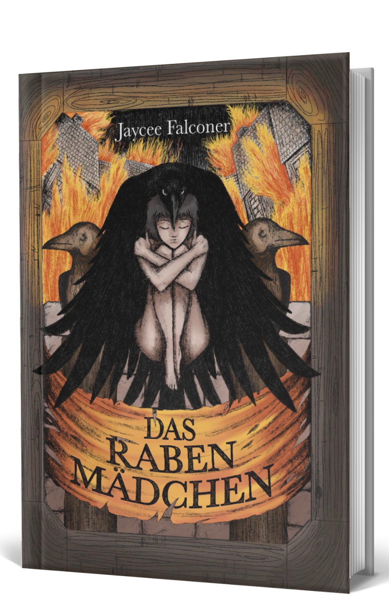 Buchmockup mit illustriertem Cover zu "Das Rabenmädchen" von Jaycee Falconer. Mädchen wird von einem Raben umarmt. Im Hintergrund brennt es.