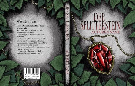 Ein Premade-Cover von einem roten Edelstein an einer goldenen Kette. Er wird umgeben von Pflanzenwerk.