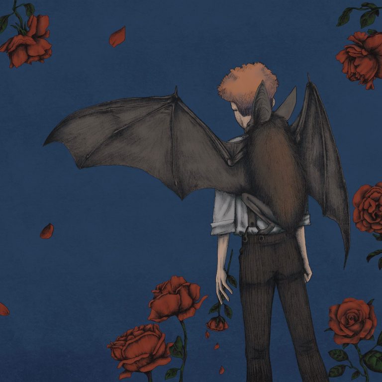 Illustration einer Figur mit Fledermausflügeln, umgeben von roten Rosen vor blauem Hintergrund. Symbolbild für das Serienpaket.